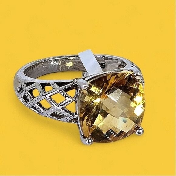 925 Sterling Silver Ring Sz 7 with Natural Cusion-Cut Citrine 11x11mm Gemstone - Picture 1 of 8